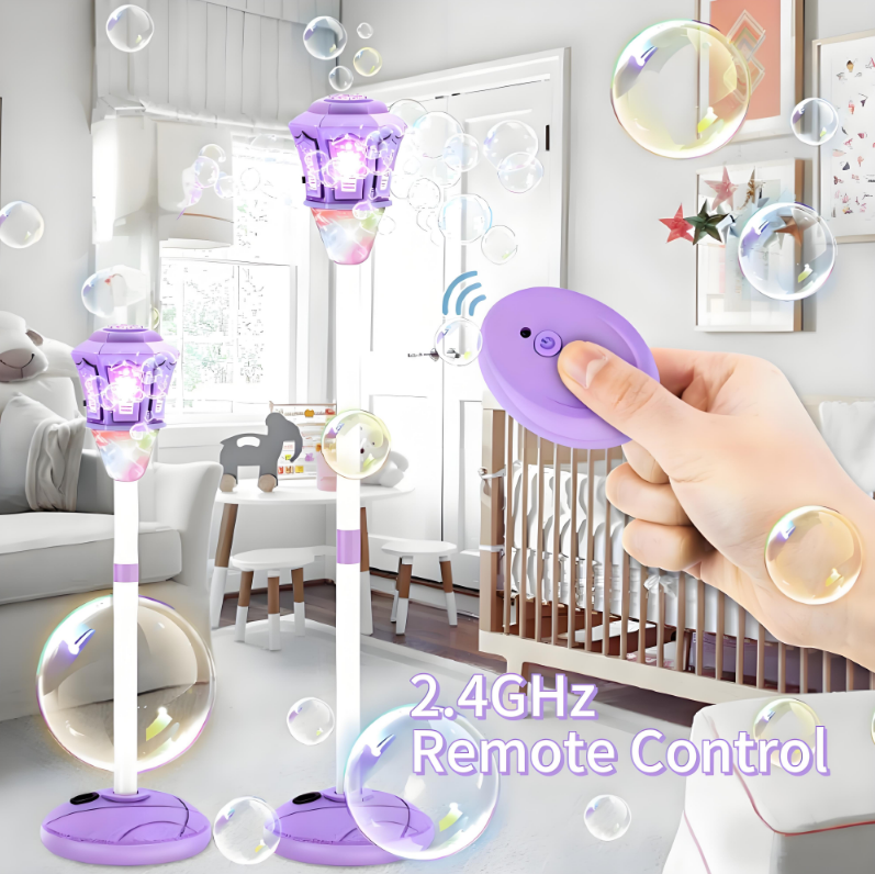 KOPPOP Garden Bubble Machine, LED Musical Lawn Lamp with Remote Control & Rechargeable Battery, Adjustable Height Outdoor Party Bubble Blower for Kids Birthday Gifts (Purple)