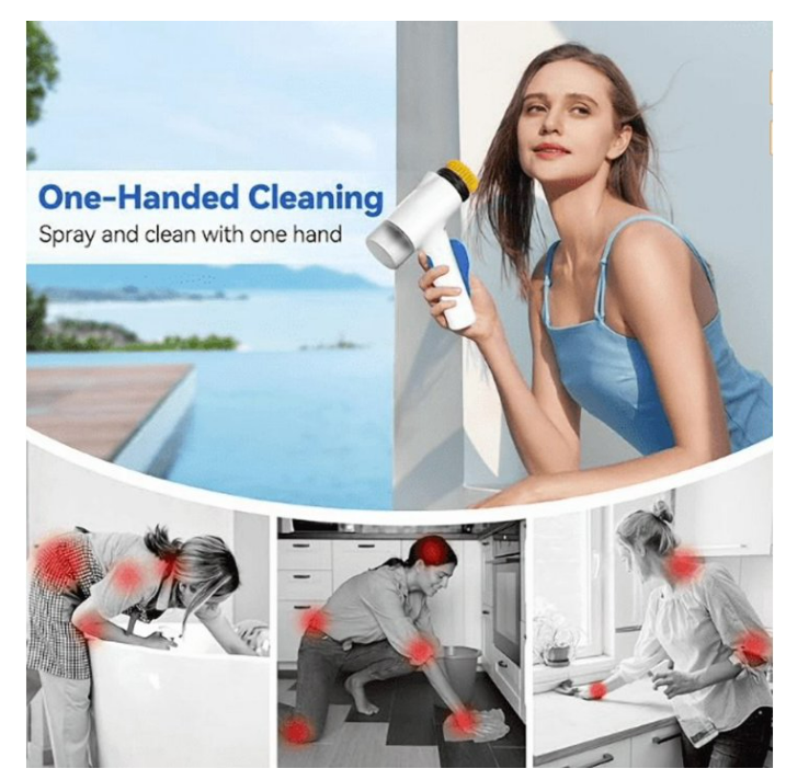 Electric Spin Scrubber with No-Rinse Spray, IPX7 Waterproof, 6 Brush Heads & Rechargeable Battery
