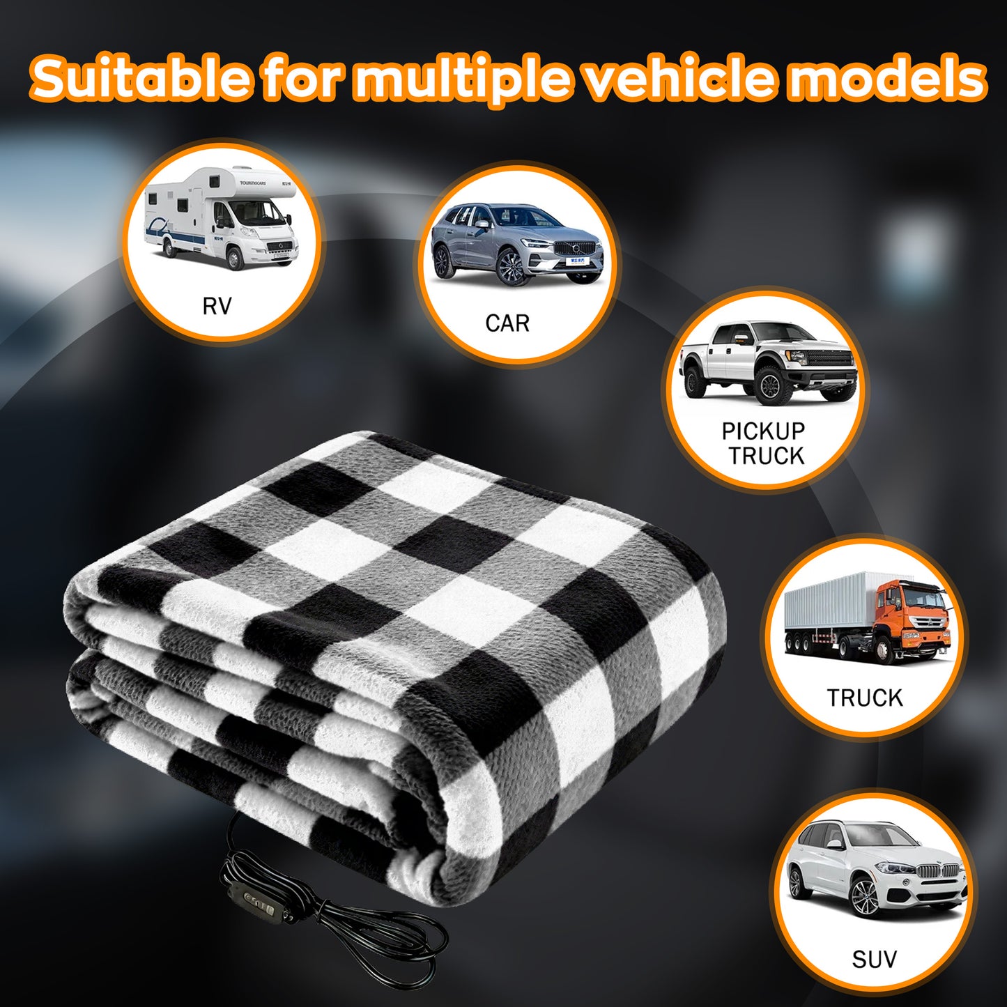 EVLIVE Heated Car Blanket - 12V Electric Travel Blanket for Car, Truck, SUV, RV - Car Heated Throw for Cold Weather & Camping (Black White Checkered)