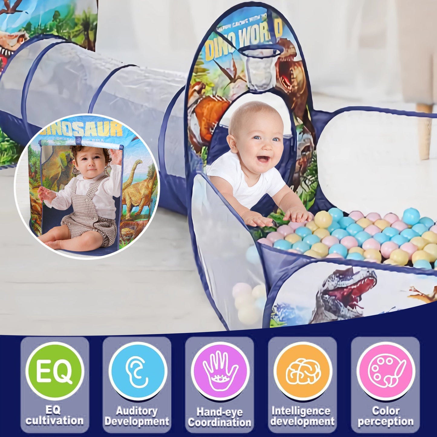 KOPPOP Kids Play Tent with Ball Pit, Pop Up Playhouse Toys with Tunnel for Toddlers, 3PC Dinosaur Baby Tent with Basketball Hoop Carry Bag, Indoor/Outdoor Toys Gift for Boys Girls