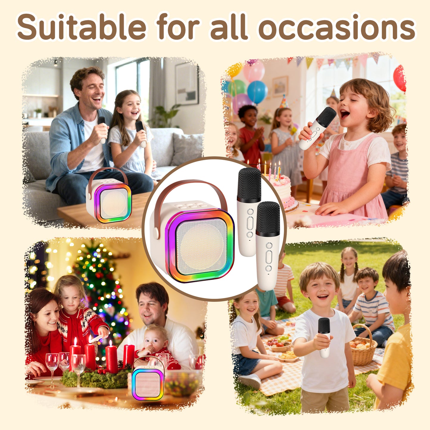 KOPPOP Mini Karaoke Machine with 2 Wireless Mics, Portable Speaker for Home & Travel Singing, Fun Gift for Kids 4-12+ Years Old (White)