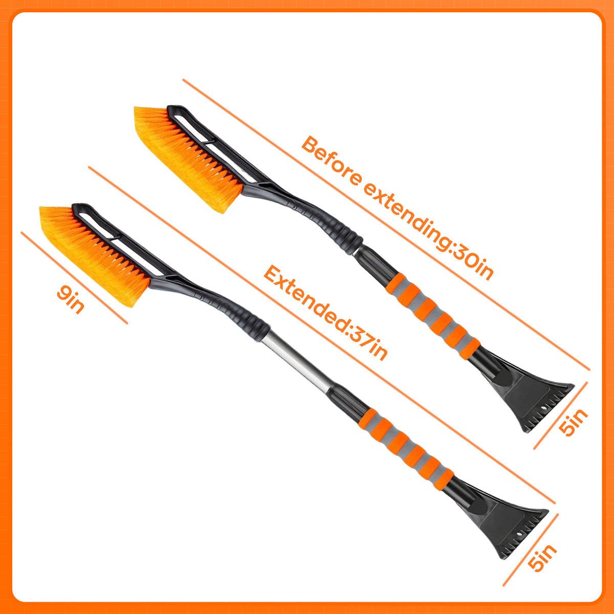 EVLIVE Telescoping Snow Brush and Ice Scraper 2-in-1, with 9" Extra-Wide Dense Bristles & EVA Non-Slip Grip, Extendable Car Snow Brush (30-37 Inches)