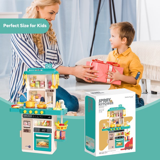 KOPPOP Play Kitchen,Kids Kitchen Playset with Real Sounds & Lights,Pretend Play Food Toys,Play Sink,Cooking Stove with Steam,Toddler Kitchen Toy Gift for Boys and Grlis(50PCS)