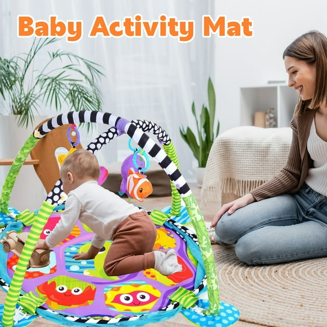 KOPPOP Baby Play Gym ,3 in 1 Baby Play Activity Mat with with 4 Toys, Detachable Arch, Protective Mesh, Ocean Ball,Activity Play Mat for Infant Toddlers Green Turtle