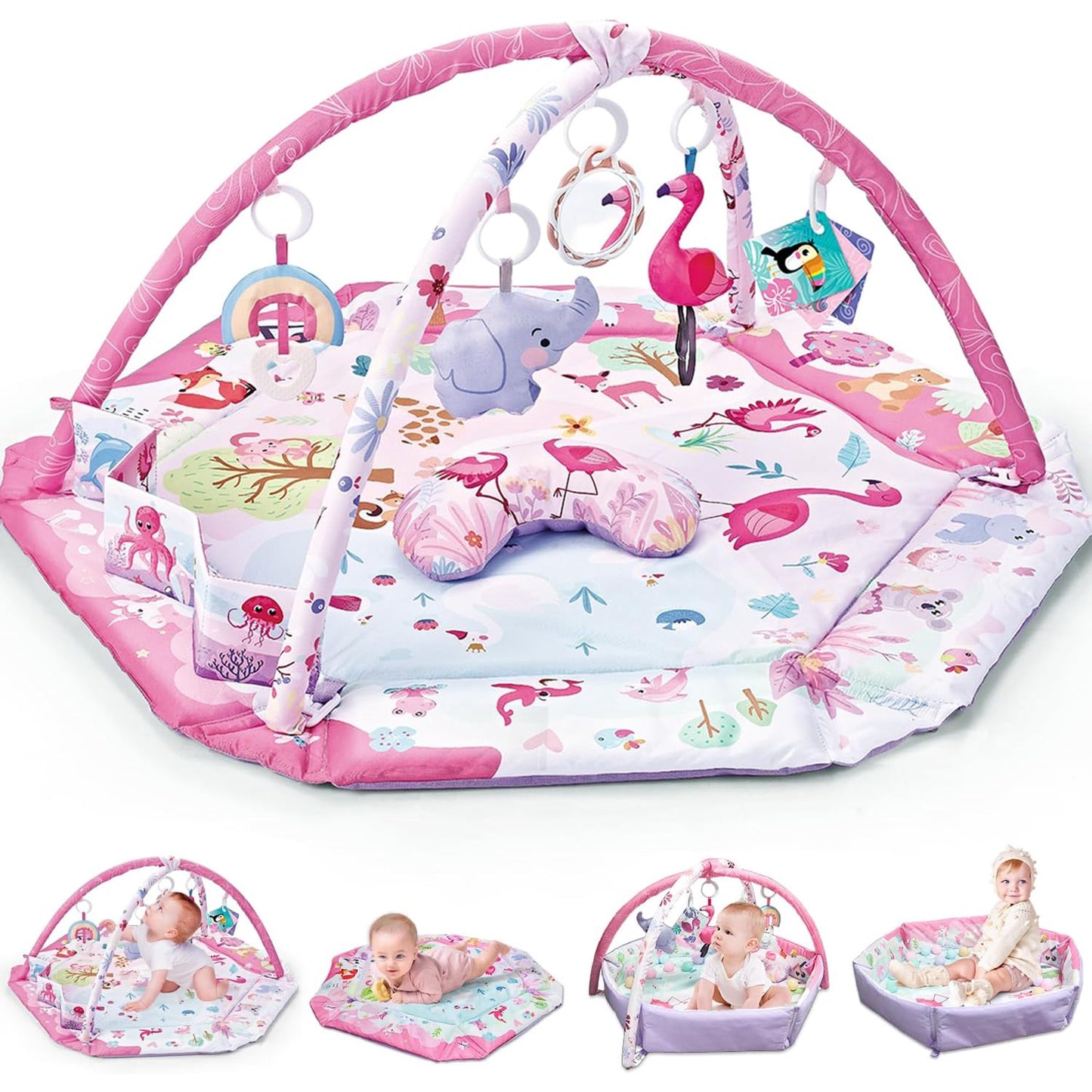 YoYFUN Baby Play Gym, 4-in-1 Baby Activity Gym & Tummy Time Play Mat, Infant Play mat, Combination Activity Gym for Sensory Exploration and Motor Skill Development from Baby to Toddler Pink