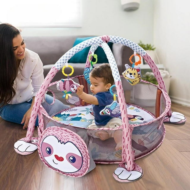 KOPPOP 3-in-1 Baby Activity Gym, Infant Playmat Ball Pit with 4 Toys, Detachable Arch, Protective Mesh, Ocean Ball, Sloth Storage Bag, Baby Floor Mat for Newborn Toddlers