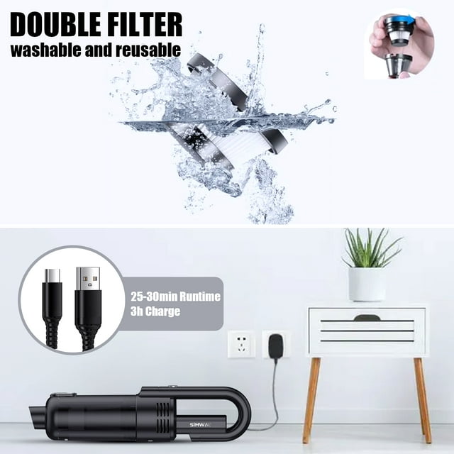 SIMWAL Mini Handheld Vacuum,7500PA Powerful Suction Car Vacuum Cleaner Cordless, Portable Rechargeable Hand Held Vacuum with LED Display Multiple Accessories for Home Office and Pet Hair Cleaning