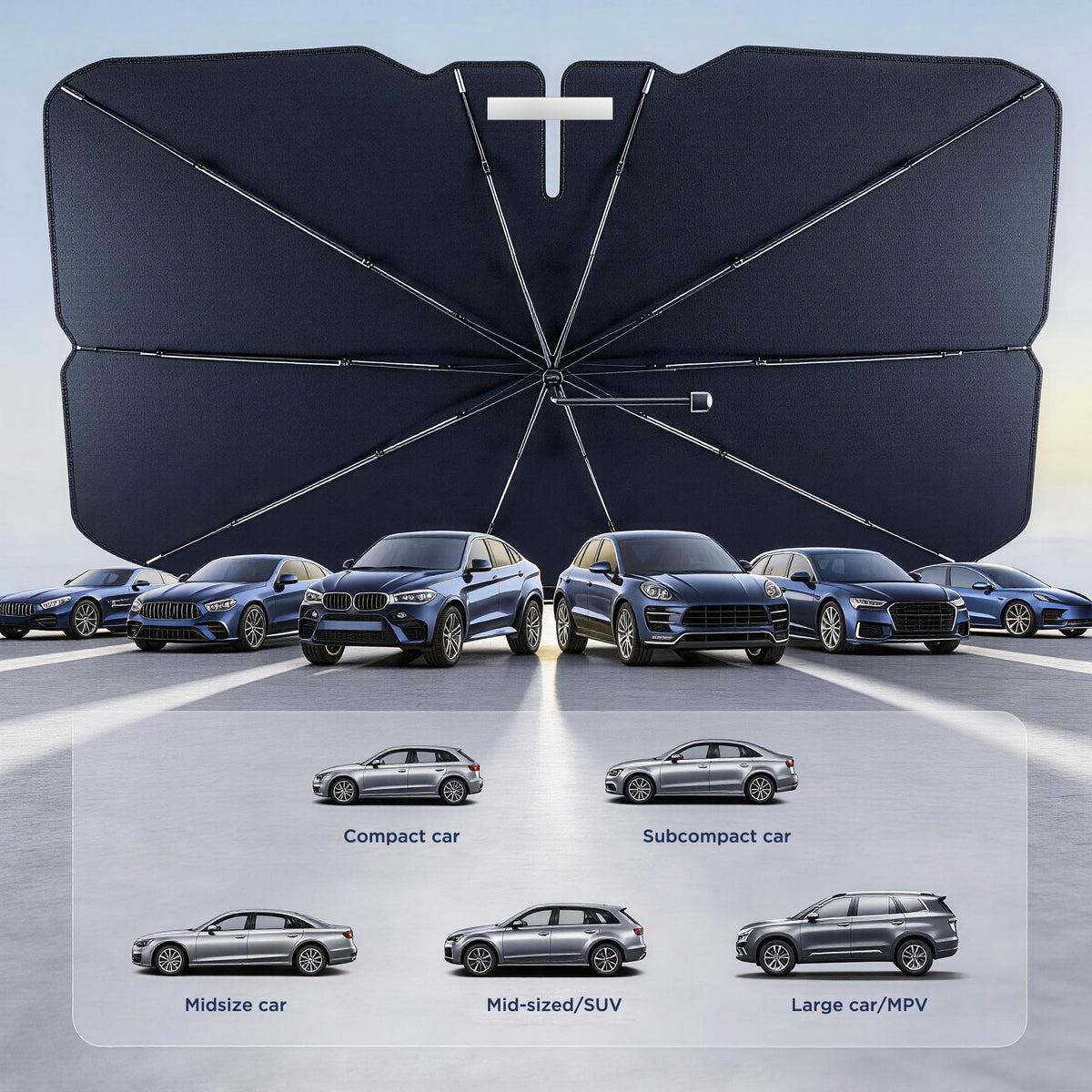EVLIVE Car Windshield Sunshade,Car Shade Umbrella,Extra Wide 58"×36",UPF50+ Blocks 99% UV Rays, Umbrella Sunshade for Car, Fit for Compact Sedan/SUV/Hatchback/Mini EV/Older Scooter