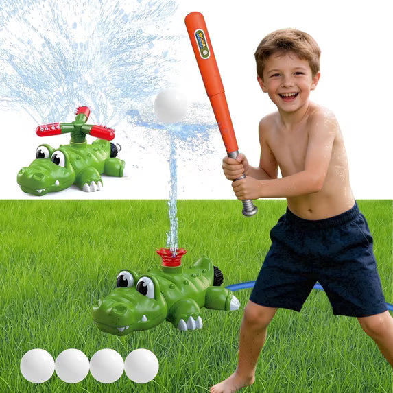 KOPPOP 4-in-1 Kids Water Sprinkler Toy, Crocodile Splash Set with Bat & Ball for Backyard Outdoor Summer Water Games for Toddlers Boys Girls Ages 3-8