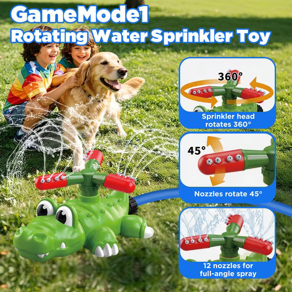 KOPPOP 4-in-1 Kids Water Sprinkler Toy, Crocodile Splash Set with Bat & Ball for Backyard Outdoor Summer Water Games for Toddlers Boys Girls Ages 3-8