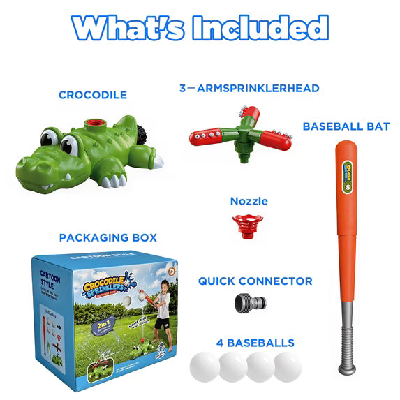 KOPPOP 4-in-1 Kids Water Sprinkler Toy, Crocodile Splash Set with Bat & Ball for Backyard Outdoor Summer Water Games for Toddlers Boys Girls Ages 3-8