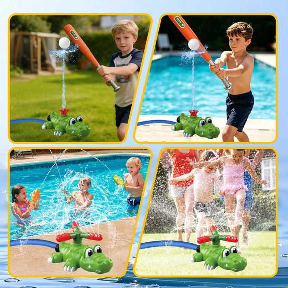 KOPPOP 4-in-1 Kids Water Sprinkler Toy, Crocodile Splash Set with Bat & Ball for Backyard Outdoor Summer Water Games for Toddlers Boys Girls Ages 3-8