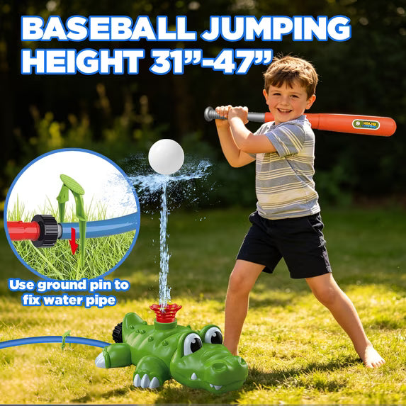 KOPPOP 4-in-1 Kids Water Sprinkler Toy, Crocodile Splash Set with Bat & Ball for Backyard Outdoor Summer Water Games for Toddlers Boys Girls Ages 3-8