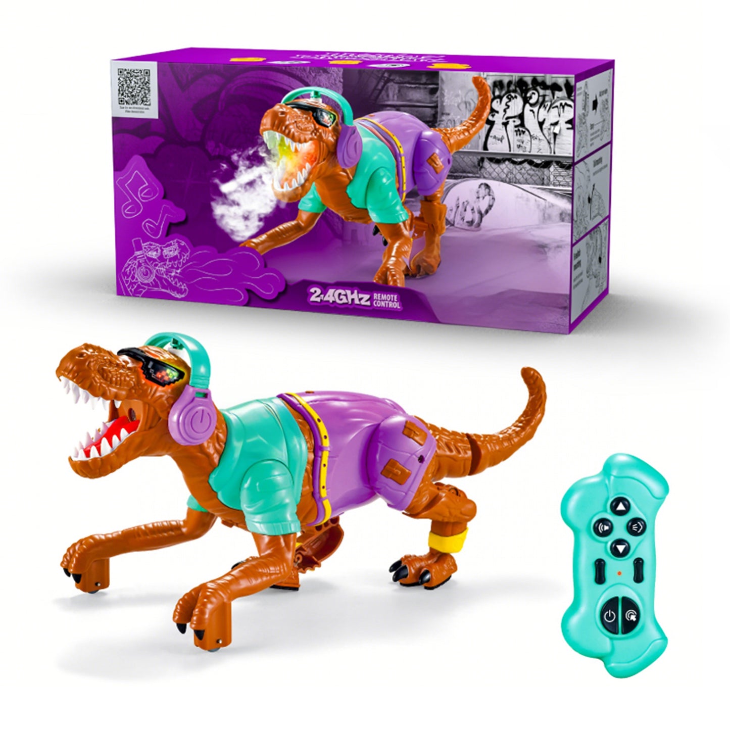 KOPPOP RC Walking Dinosaur Toy for Kids, 2.4GHz Remote Control with Mist Spray, Realistic Roars & LED Light up Glasses, Cool DJ Robot Gift for Boys Girls Ages 3+