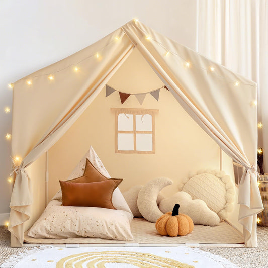 KOPPOP Toddler Playhouse, Indoor/Outdoor Kid Play Tent, Toddler Play Tent with Christmas Bunting and Star Lights (Boys and Girls, Beige)