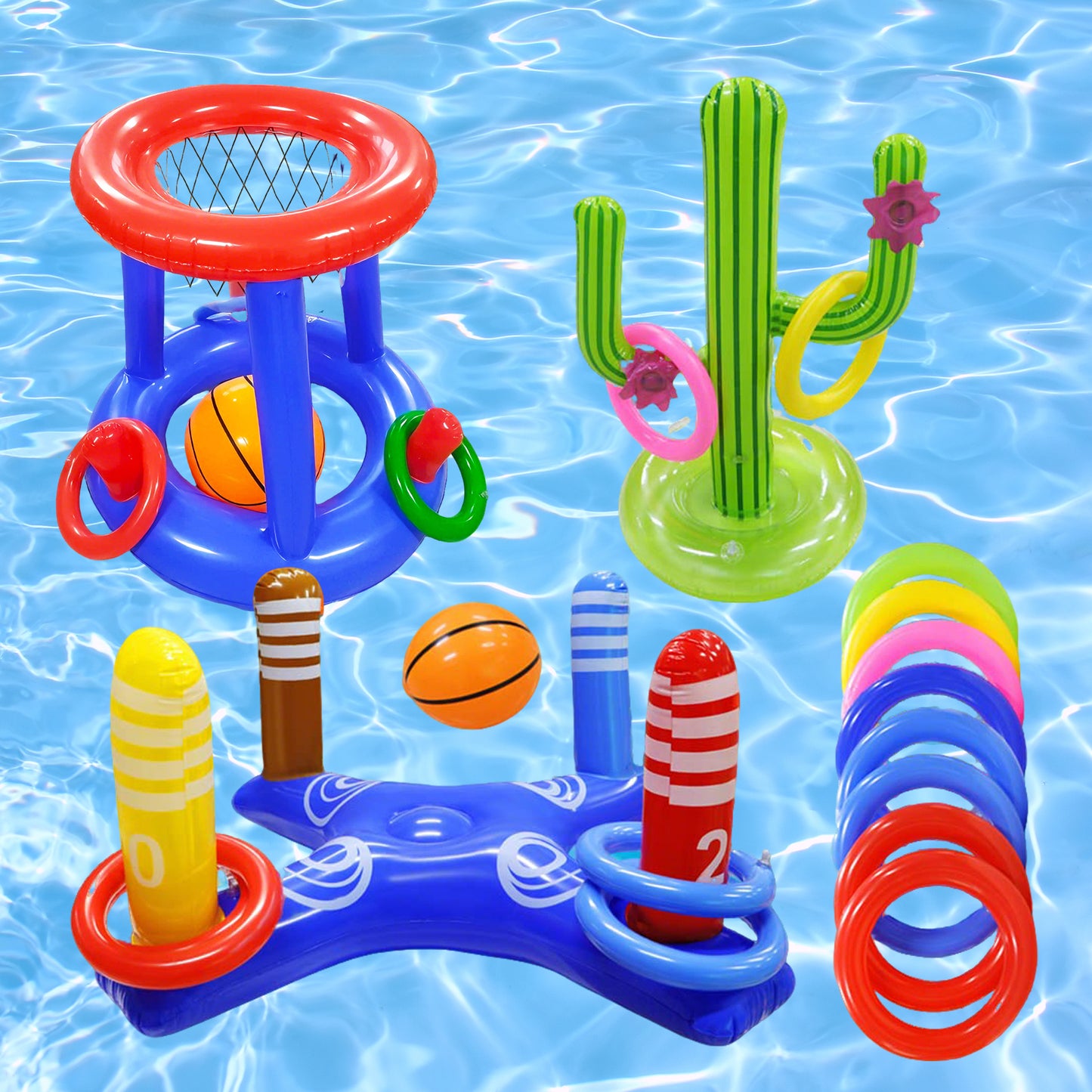KOPPOP Pool Toys Games Set, Floating Basketball Hoop with Inflatable Cross Ring Toss Game, Cactus Inflatable Toy for Kids Adults, Summer Swimming Pool Water Games