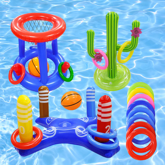 KOPPOP Pool Toys Games Set, Floating Basketball Hoop with Inflatable Cross Ring Toss Game, Cactus Inflatable Toy for Kids Adults, Summer Swimming Pool Water Games