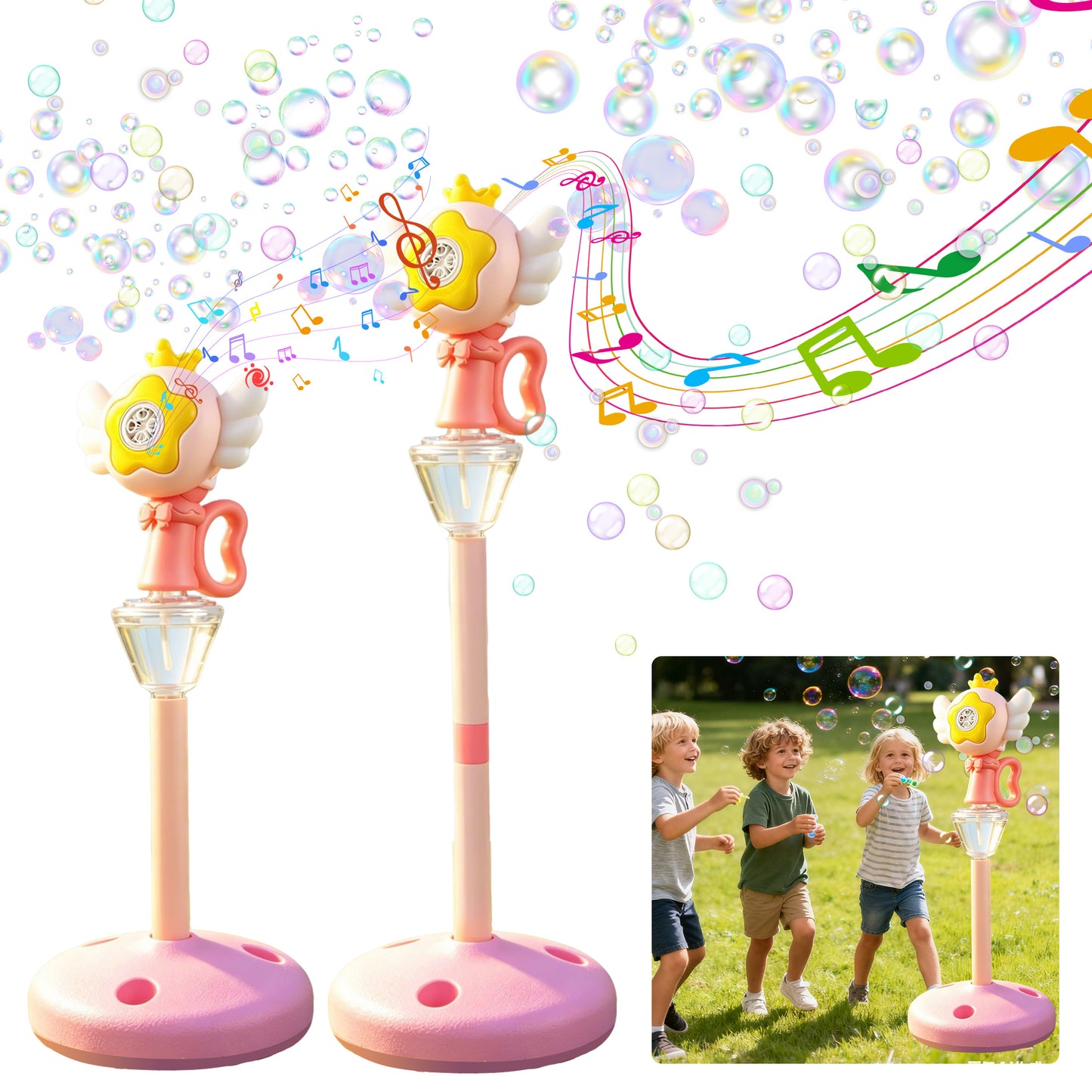 KOPPOP Garden Bubble Machine, LED Musical Lawn Lamp & Rechargeable Battery, Adjustable Height Outdoor Party Bubble Blower for Outdoor Decor (Pink)