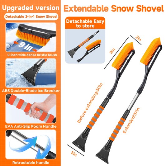 EVLIVE Telescoping Snow Brush and Ice Scraper 2-in-1, with 9" Extra-Wide Dense Bristles & EVA Non-Slip Grip, Extendable Car Snow Brush (30-37 Inches)