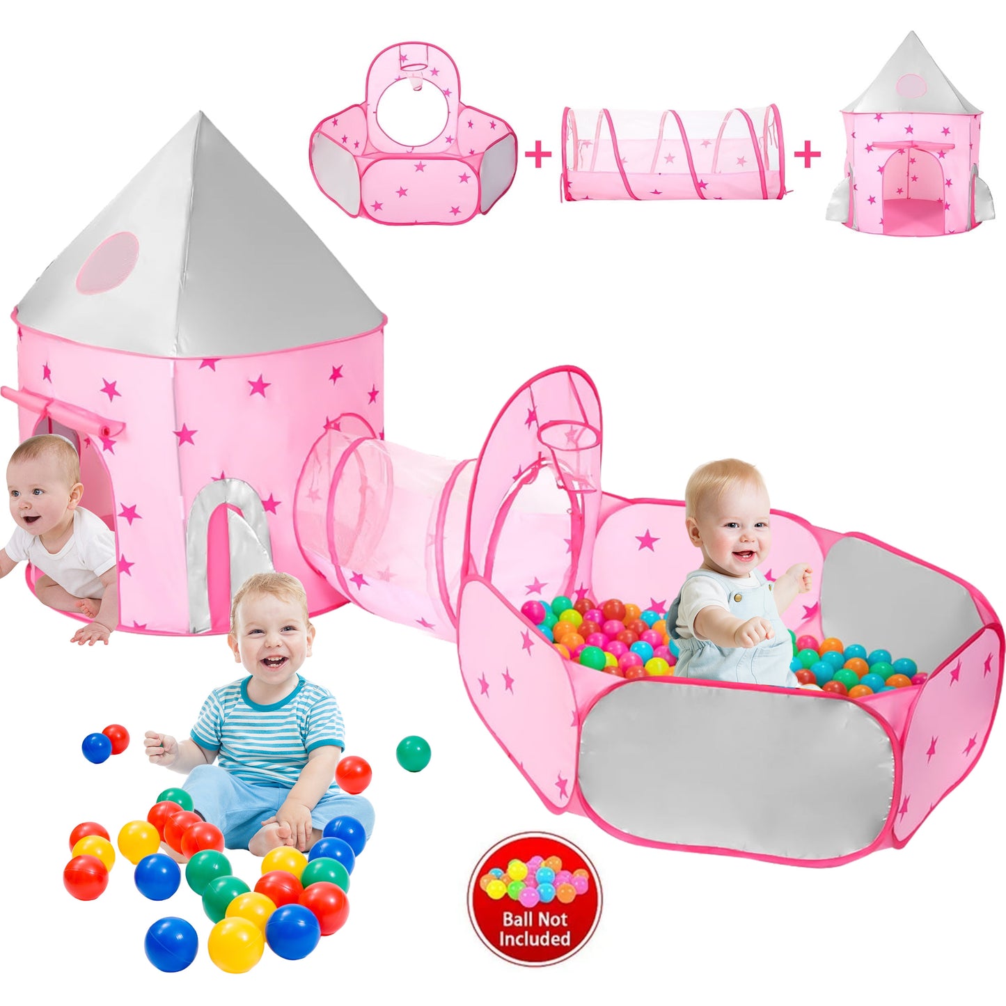 KOPPOP 3-in-1 Kids Play Tent with Tunnel & Ball Pit, Pop Up Indoor Outdoor Playhouse for Toddlers, Foldable Fort with Carry Bag, Gift for Boys & Girls (Pink)