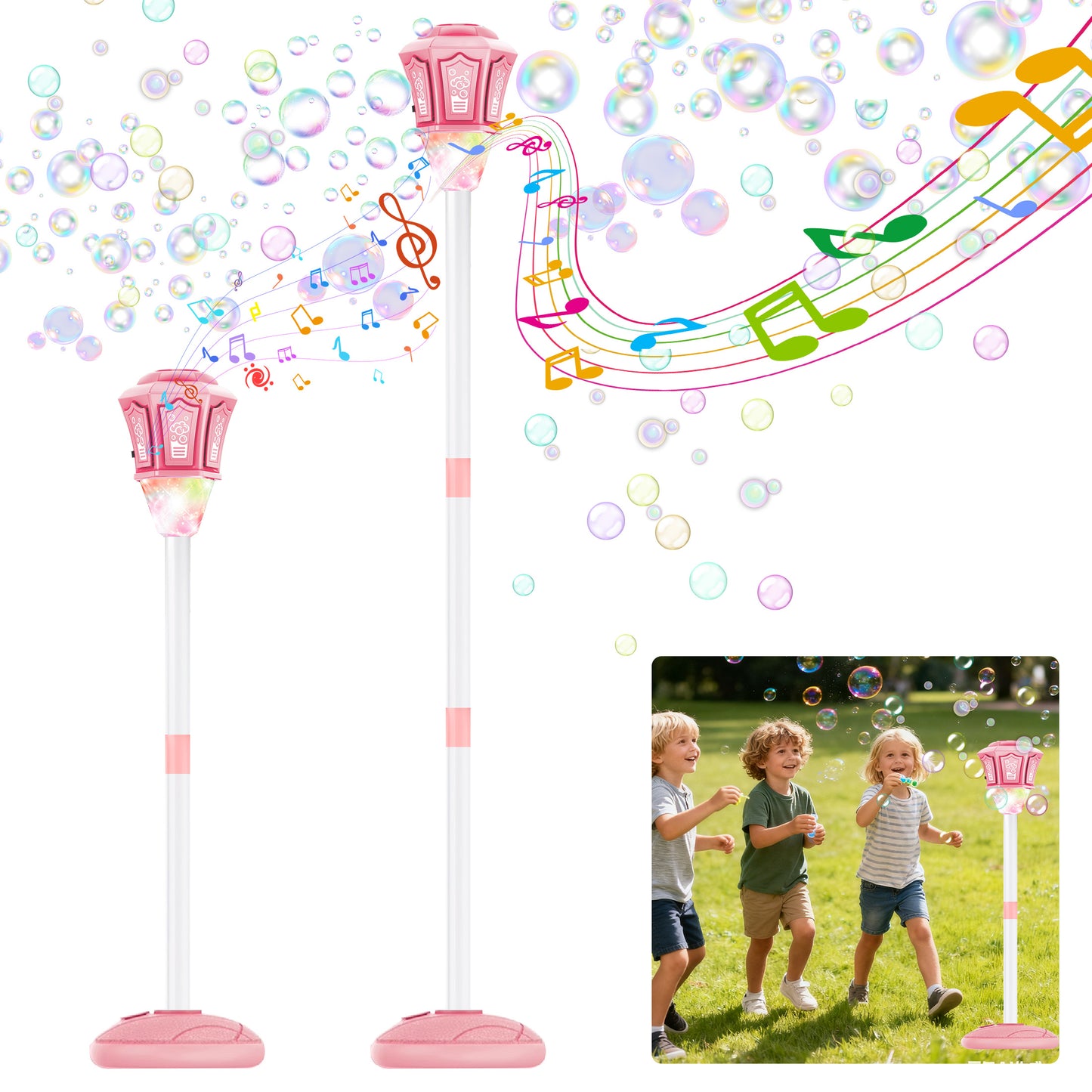 KOPPOP Garden Bubble Machine,LED Musical Lawn Lamp with Adjustable Height,Outdoor Party Bubble Blower for Kids,Ideal Birthday Christmas Gifts,Patio Decor & Light Show(Pink)