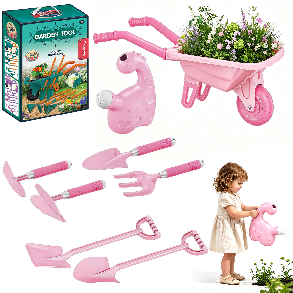 KOPPOP  Kids Gardening Tool Set 7PCS with Wheelbarrow, gardening gifts Lightweight Plastic Short-Handle (28.3") for Garden, Patio, and Outdoor Use, Pink