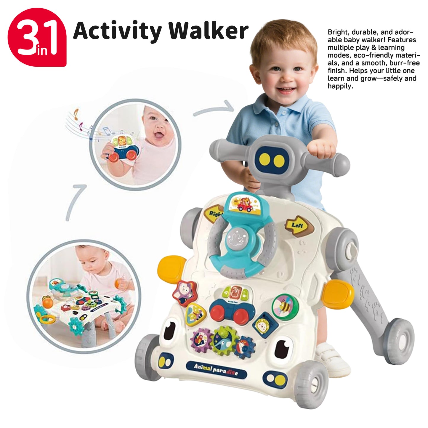 KOPPOP 3 in 1 Baby Walker and Activity Center for Girl, Learning to Walk, Sit to Stand, Early Educational Push Toys with Music Panel for Infant Toddler 12+ Months Grey