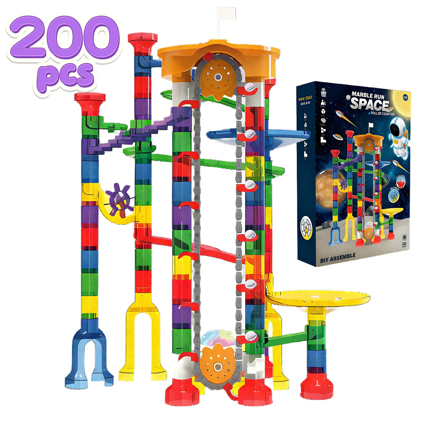 KOPPOP 200 Pcs Marble Run with Motorized Elevator, Construction Building Blocks with 32 Plastic & 10 Glass & 4 Glow Marbles, STEM Educational Toys for Kids Ages 4-8