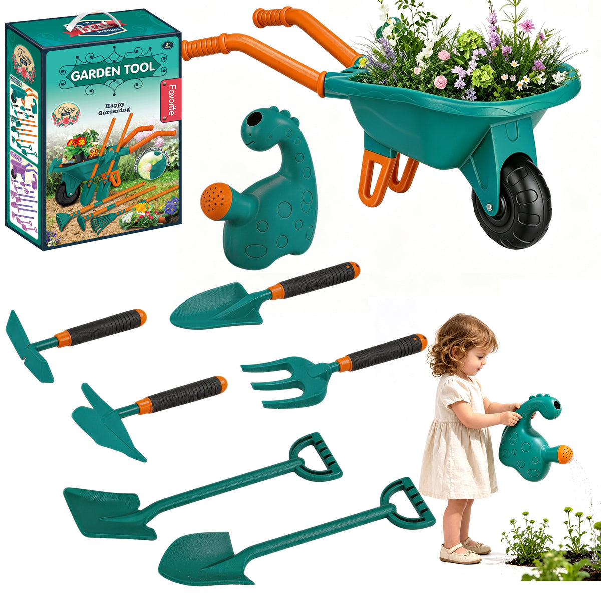 KOPPOP  Kids Gardening Tool Set 7PCS with Wheelbarrow, gardening gifts Lightweight Plastic Short-Handle (28.3") for Garden, Patio, and Outdoor Use, Green