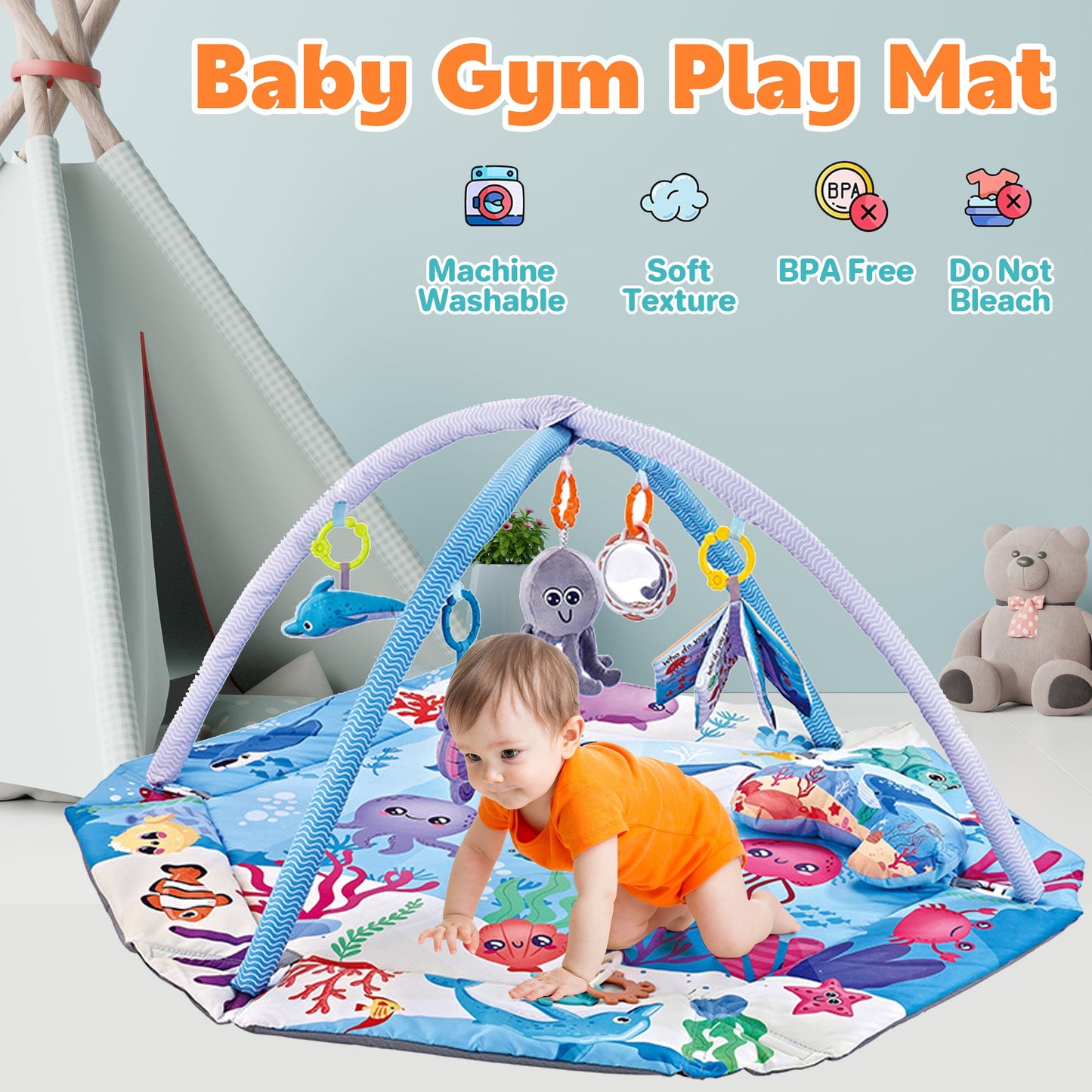 YoYFUN Baby Play Gym ,4-in-1 Baby Activity Gym & Tummy Time Play Mat, Infant Play mat, Combination Activity Gym for Sensory Exploration and Motor Skill Development from Baby to Toddler Blue