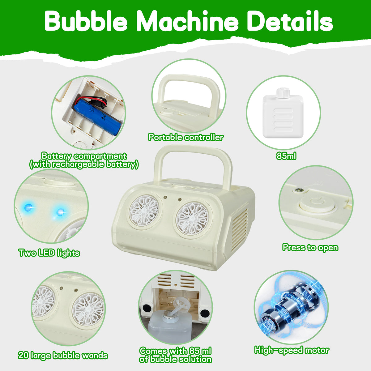 KOPPOP Upgraded Bubble Machine, Automatic Bubble Blower for Kids with 85ml Bubble Solution and Rechargeable Battery, 20000+ Bubbles Per Minute Indoor Outdoor Toy for Birthday Party, White