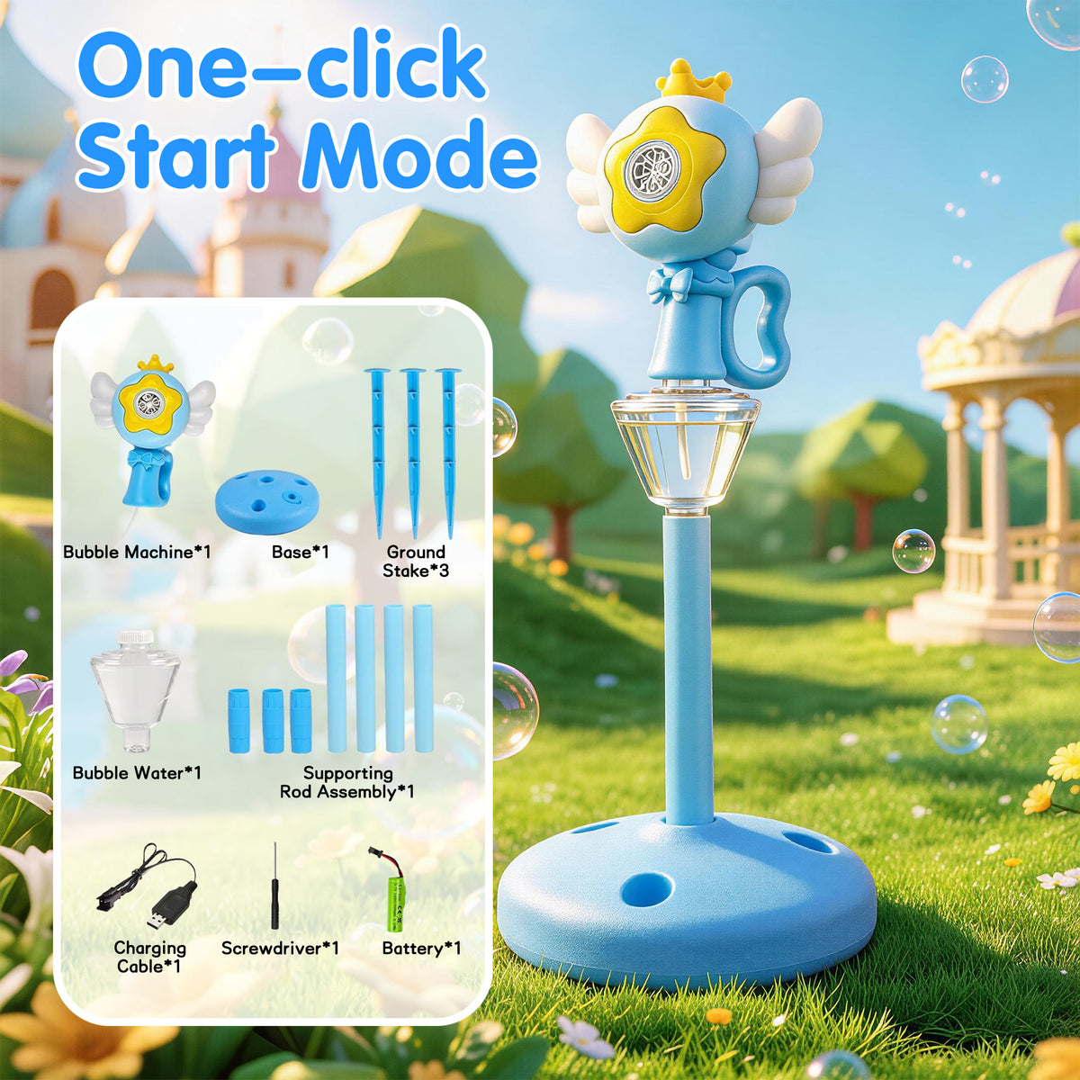 KOPPOP Garden Bubble Machine, LED Musical Lawn Lamp & Rechargeable Battery, Adjustable Height Outdoor Party Bubble Blower for Outdoor Decor(Blue)