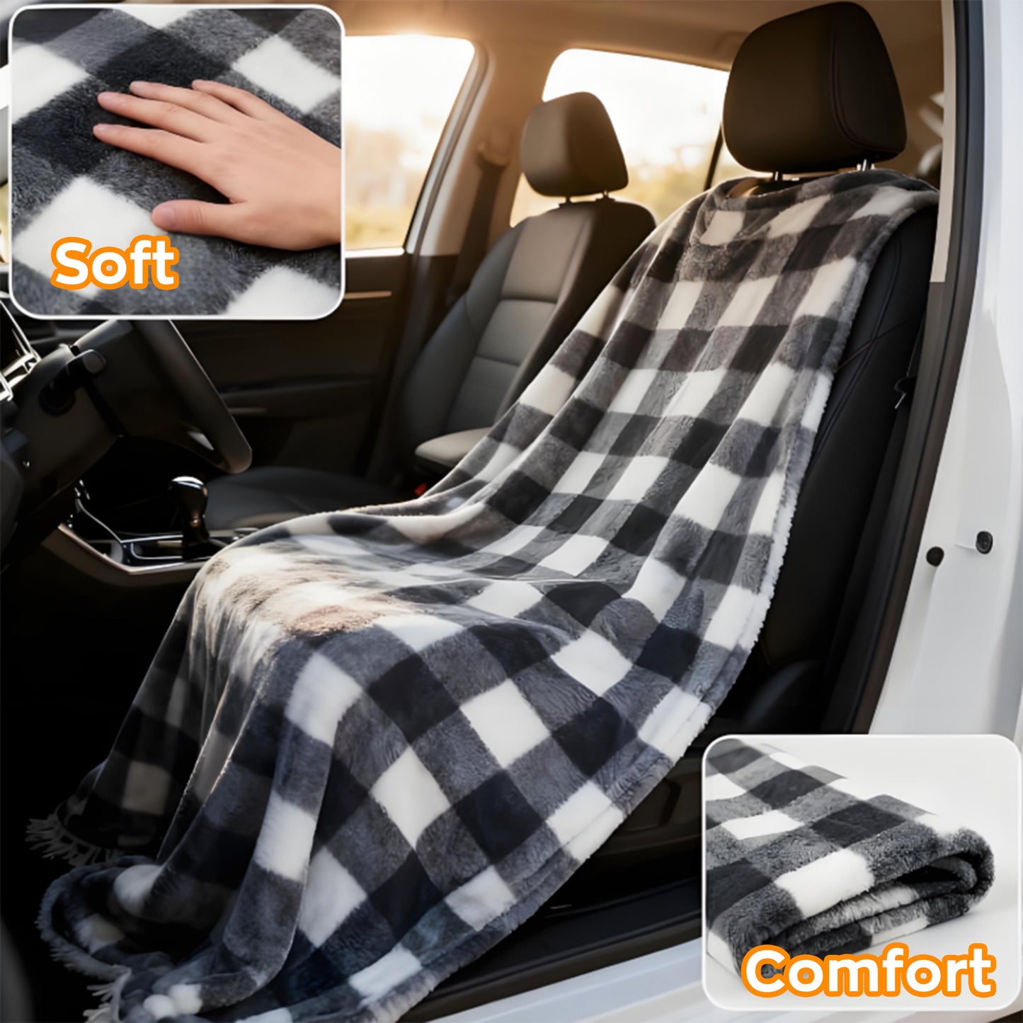 EVLIVE Heated Car Blanket - 12V Electric Travel Blanket for Car, Truck, SUV, RV - Car Heated Throw for Cold Weather & Camping (Black White Checkered)
