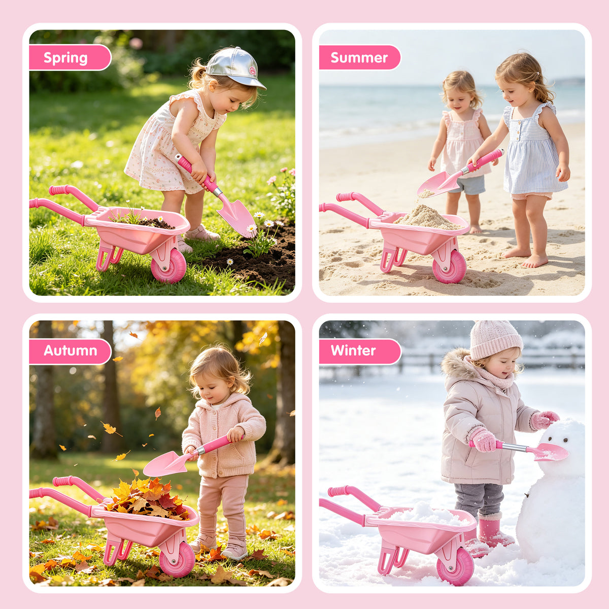 KOPPOP  Kids Gardening Tool Set 7PCS with Wheelbarrow, gardening gifts Lightweight Plastic Short-Handle (28.3") for Garden, Patio, and Outdoor Use, Pink