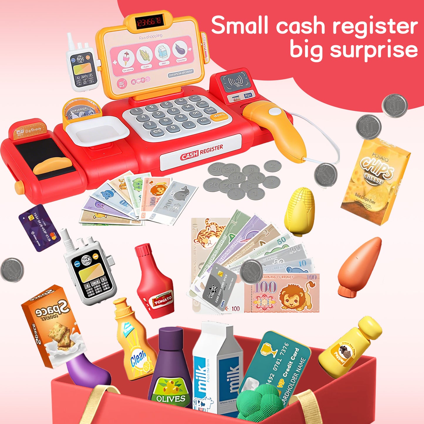 KOPPOP Kids Cash Register Toy, Pretend Play with Scanner, Learning Toy Gift for 3 4 5 6 Years Old Boys Girls Birthday(red).