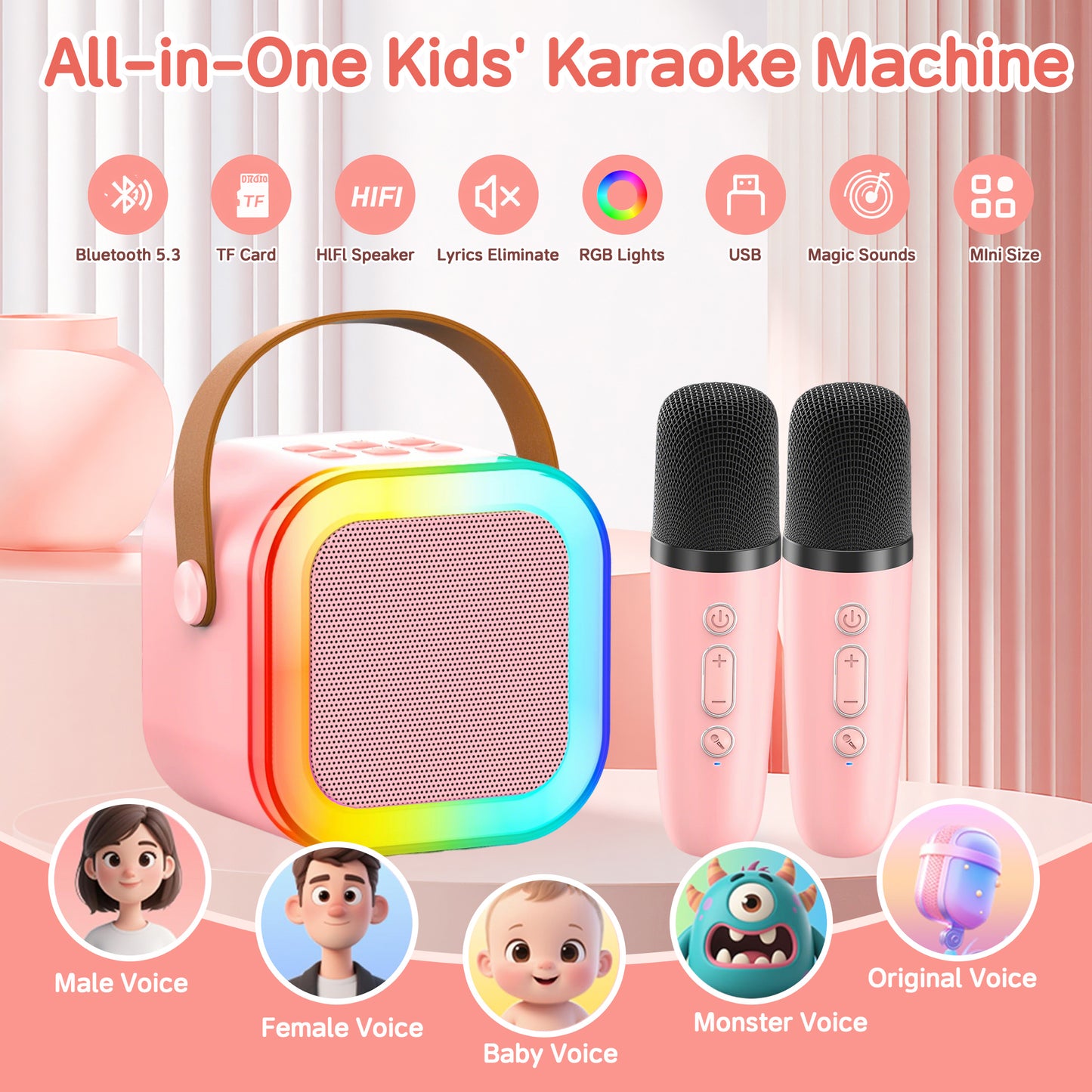 KOPPOP Mini Karaoke Machine with 2 Wireless Mics, Portable Speaker for Home & Travel Singing, Fun Gift for Kids 4-12+ Years Old (Pink)