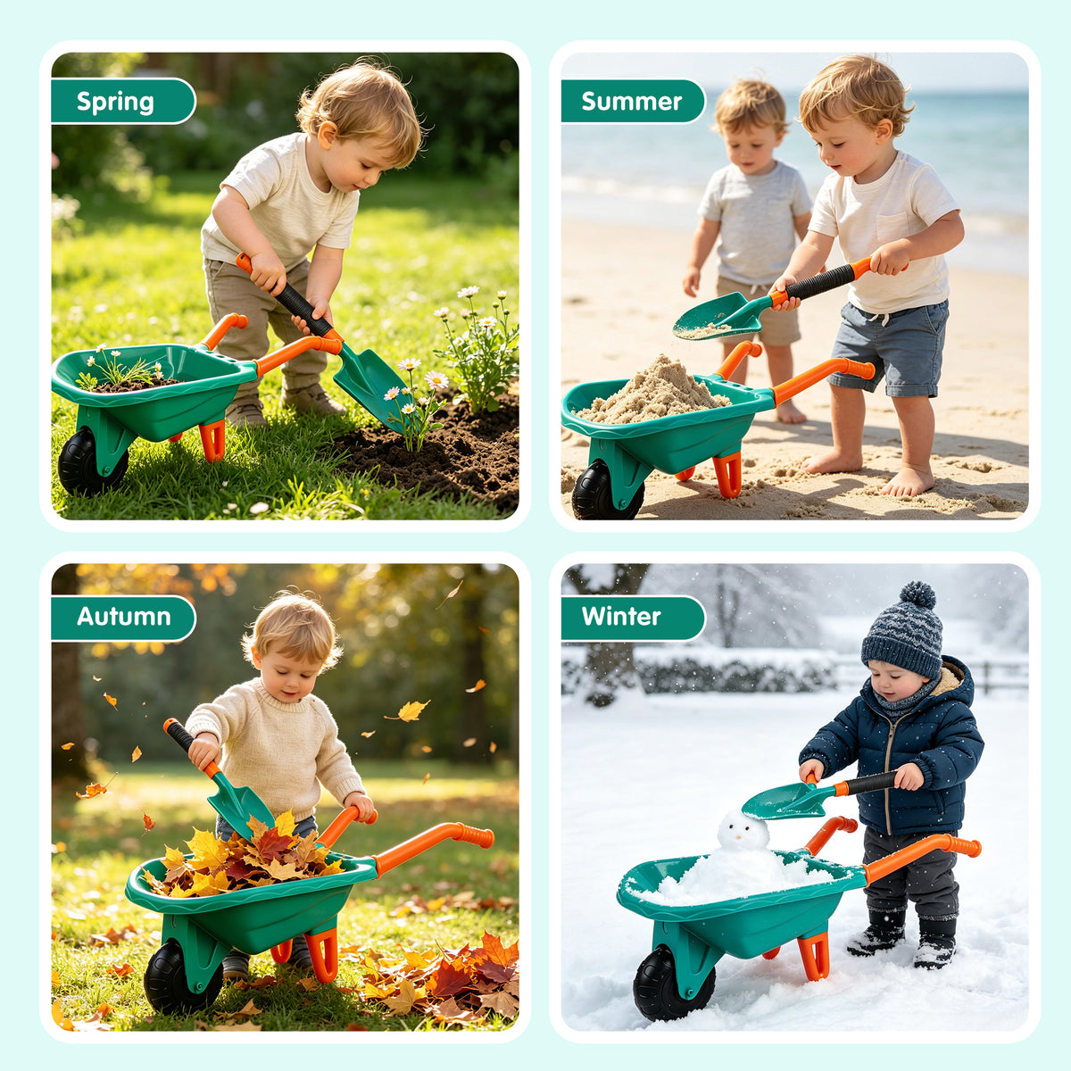 KOPPOP  Kids Gardening Tool Set 7PCS with Wheelbarrow, gardening gifts Lightweight Plastic Short-Handle (28.3") for Garden, Patio, and Outdoor Use, Green