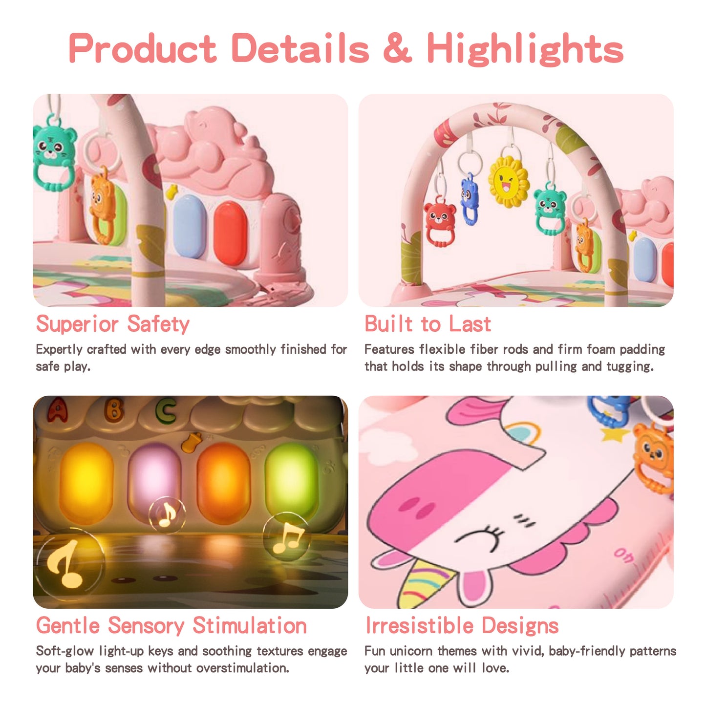 KOPPOP Baby Play Mat with Piano Toys, Tummy Time Activity Gym for Infants 0-12 Months, Unicorn Playmat Newborn Gift Boy Girl