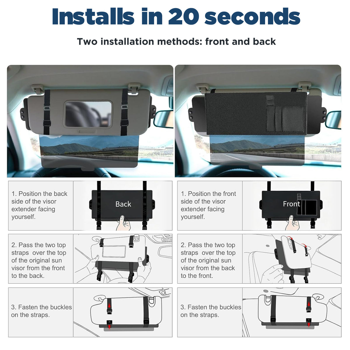 EVLIVE Sun Visor Extender for Car,with Side Shade,Anti-Glare,No Distortion PC Lens,UV400 Protection,Stable Installation