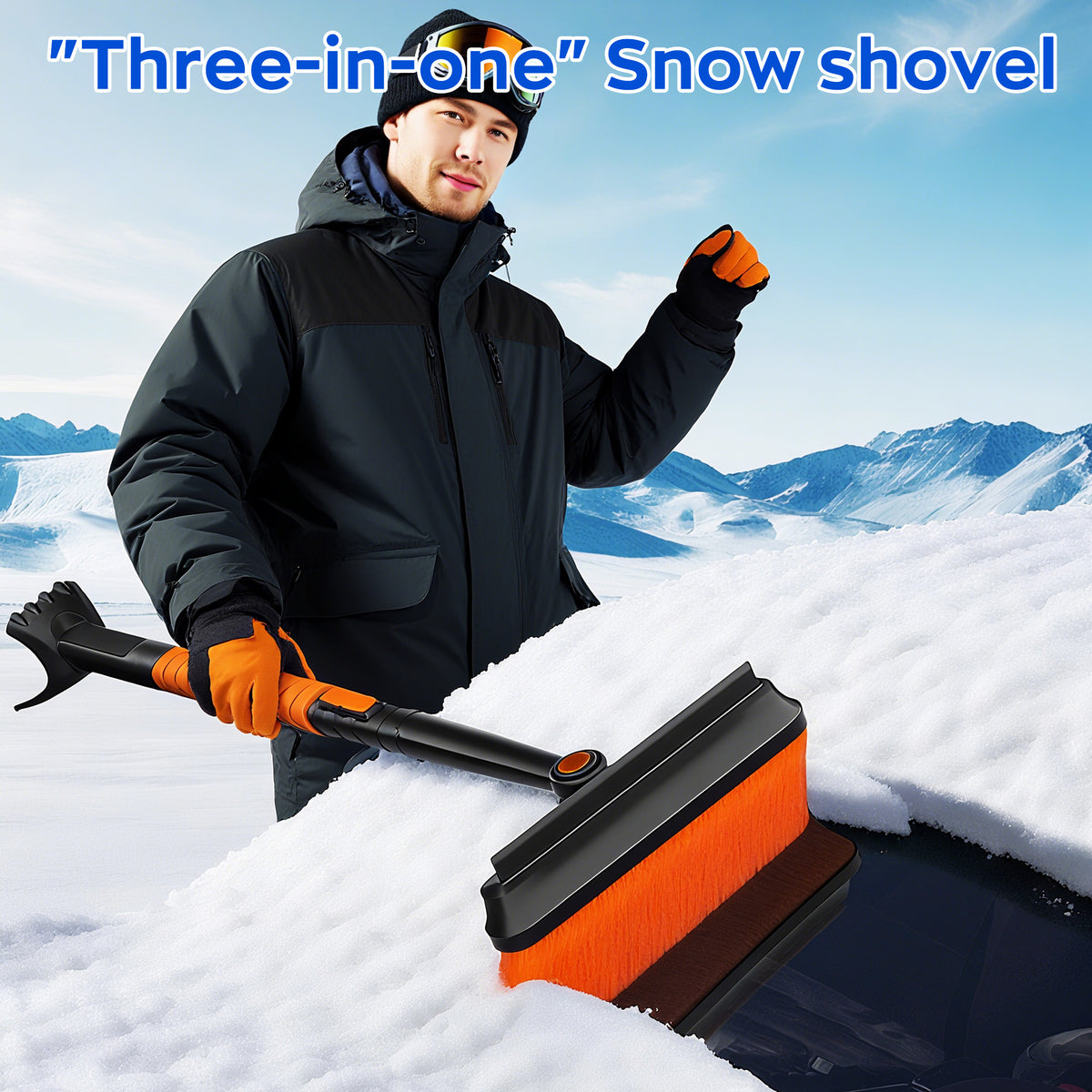 EVLIVE 3-in-1 Rotating Telescoping Snow Brush, with Silicone Squeegee & Heavy-Duty Ice Scraper, Extendable Car Snow Brush (33-39 Inches)