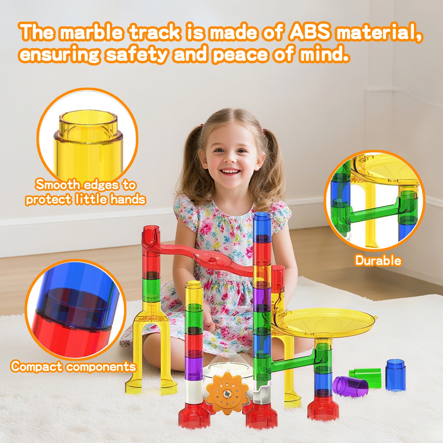 KOPPOP 200 Pcs Marble Run with Motorized Elevator, Construction Building Blocks with 32 Plastic & 10 Glass & 4 Glow Marbles, STEM Educational Toys for Kids Ages 4-8