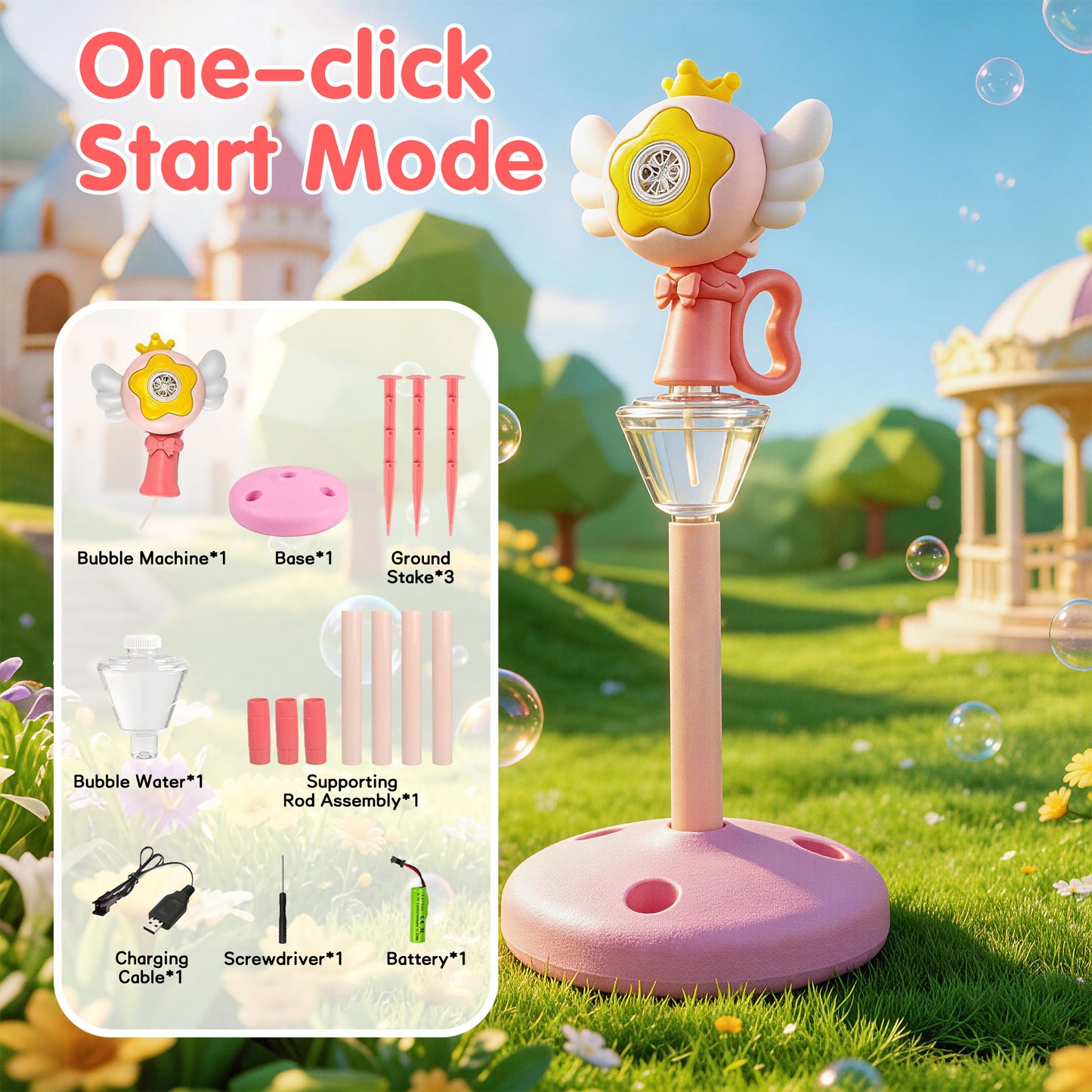 KOPPOP Garden Bubble Machine, LED Musical Lawn Lamp & Rechargeable Battery, Adjustable Height Outdoor Party Bubble Blower for Outdoor Decor (Pink)