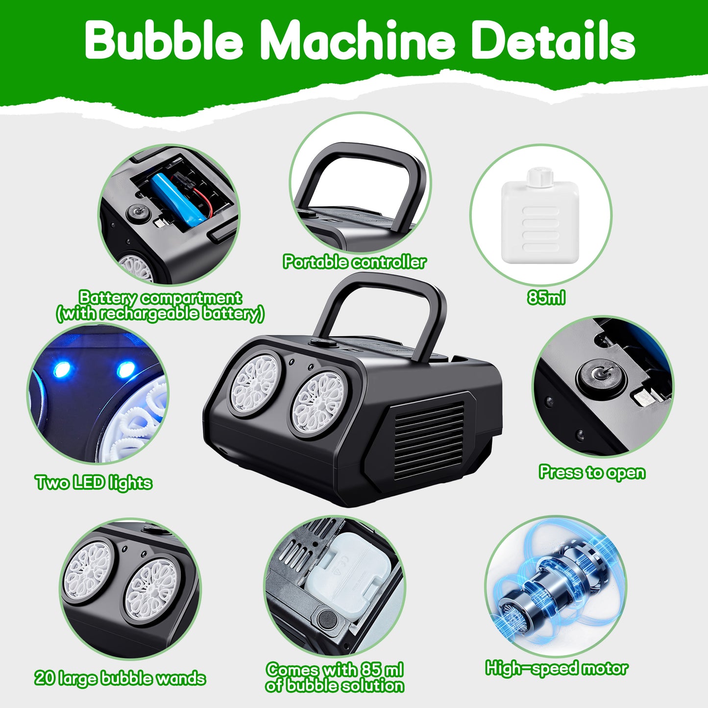 KOPPOP Upgraded Bubble Machine, Automatic Bubble Blower for Kids with 85ml Bubble Solution and Rechargeable Battery, 20000+ Bubbles Per Minute Indoor Outdoor Toy for Birthday Party, Black