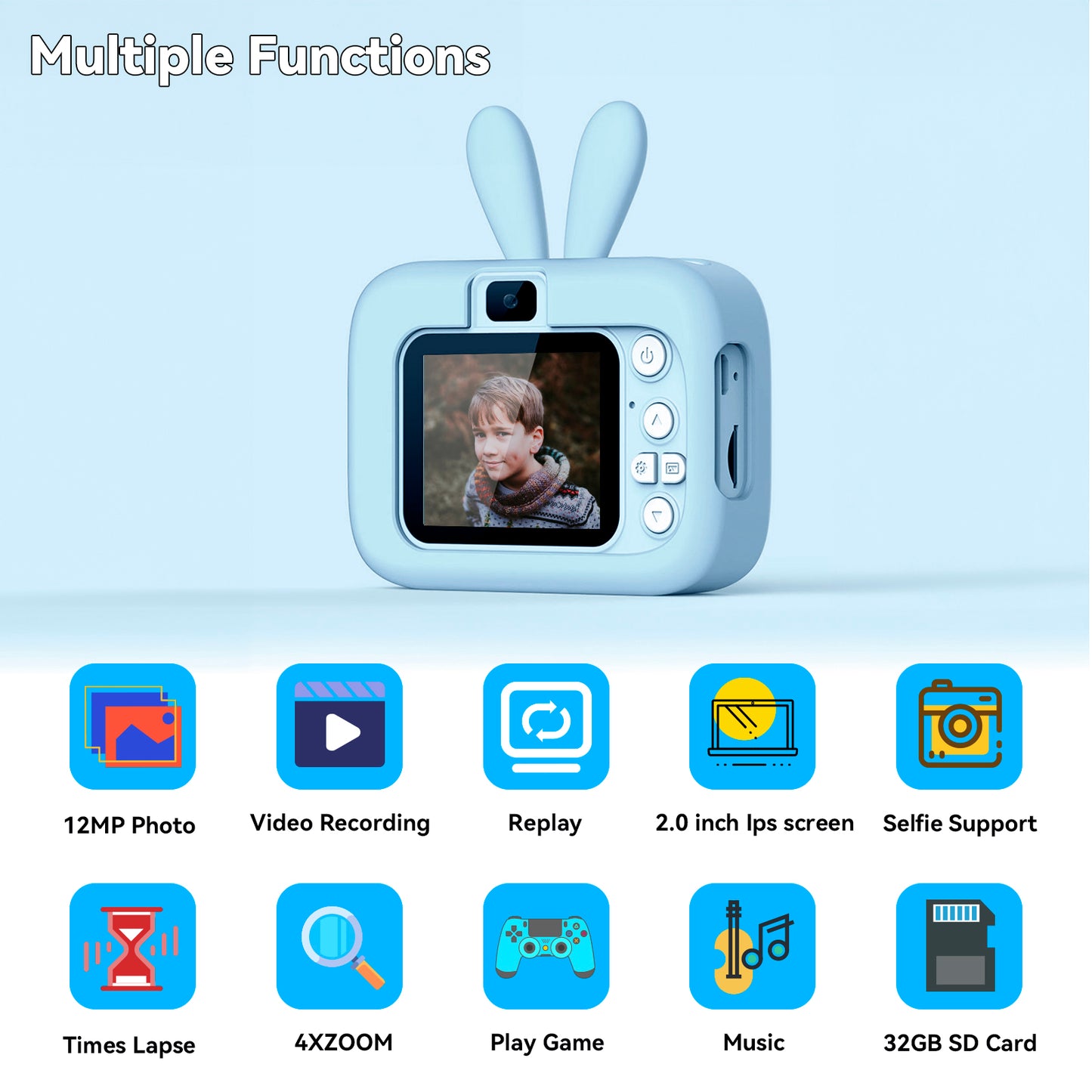 HioHa Kids Camera Digital Video Camera Toy for Kids Gifts , Mini Selfie Camera for kid’s Christmas Birthday Gifts 3-10 Years with 32GB SD Card, Video Recorder 1080P IPS 2 Inch (Blue)