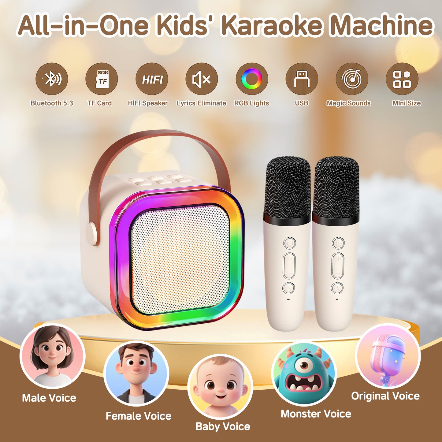 KOPPOP Mini Karaoke Machine with 2 Wireless Mics, Portable Speaker for Home & Travel Singing, Fun Gift for Kids 4-12+ Years Old (White)