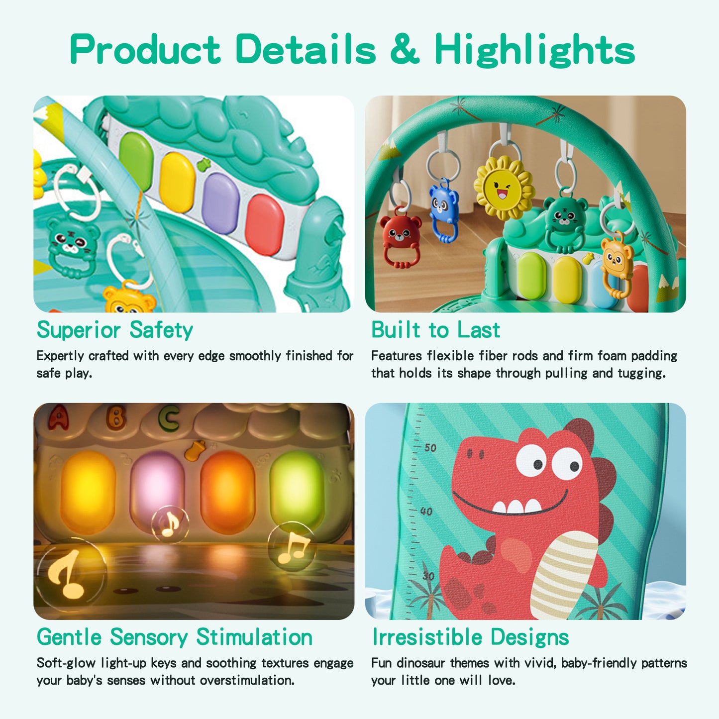 KOPPOP Baby Play Mat with Piano Toys, Tummy Time Activity Gym for Infants 0-12 Months, Dinosaur Playmat Newborn Gift Boy Girl