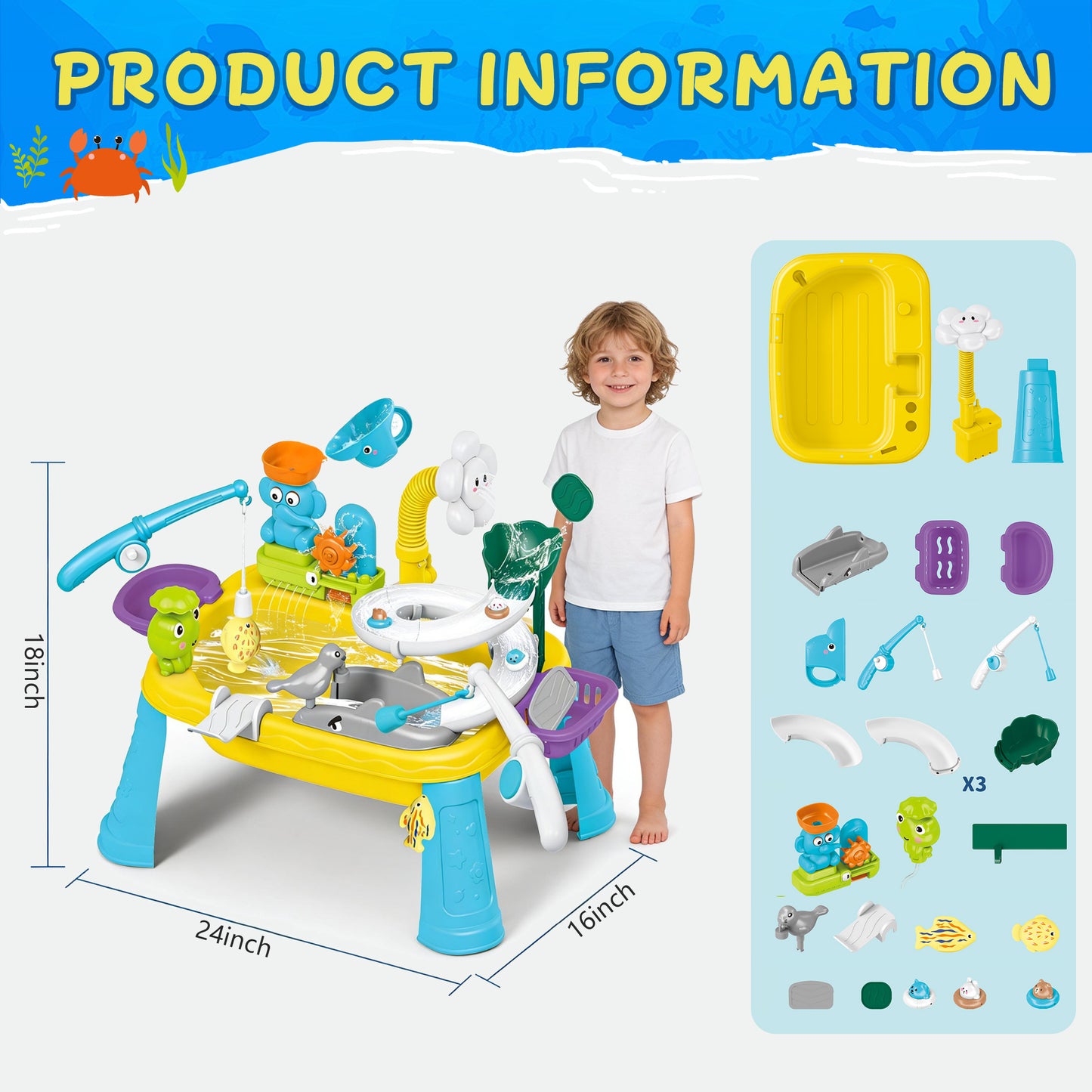 KOPPOP Animal Water Park Toddler Water Table - Beach Toy with Rotating Spray & Whale Pump for Outdoor Sensory Play, Kids Ages 0-3 3-9