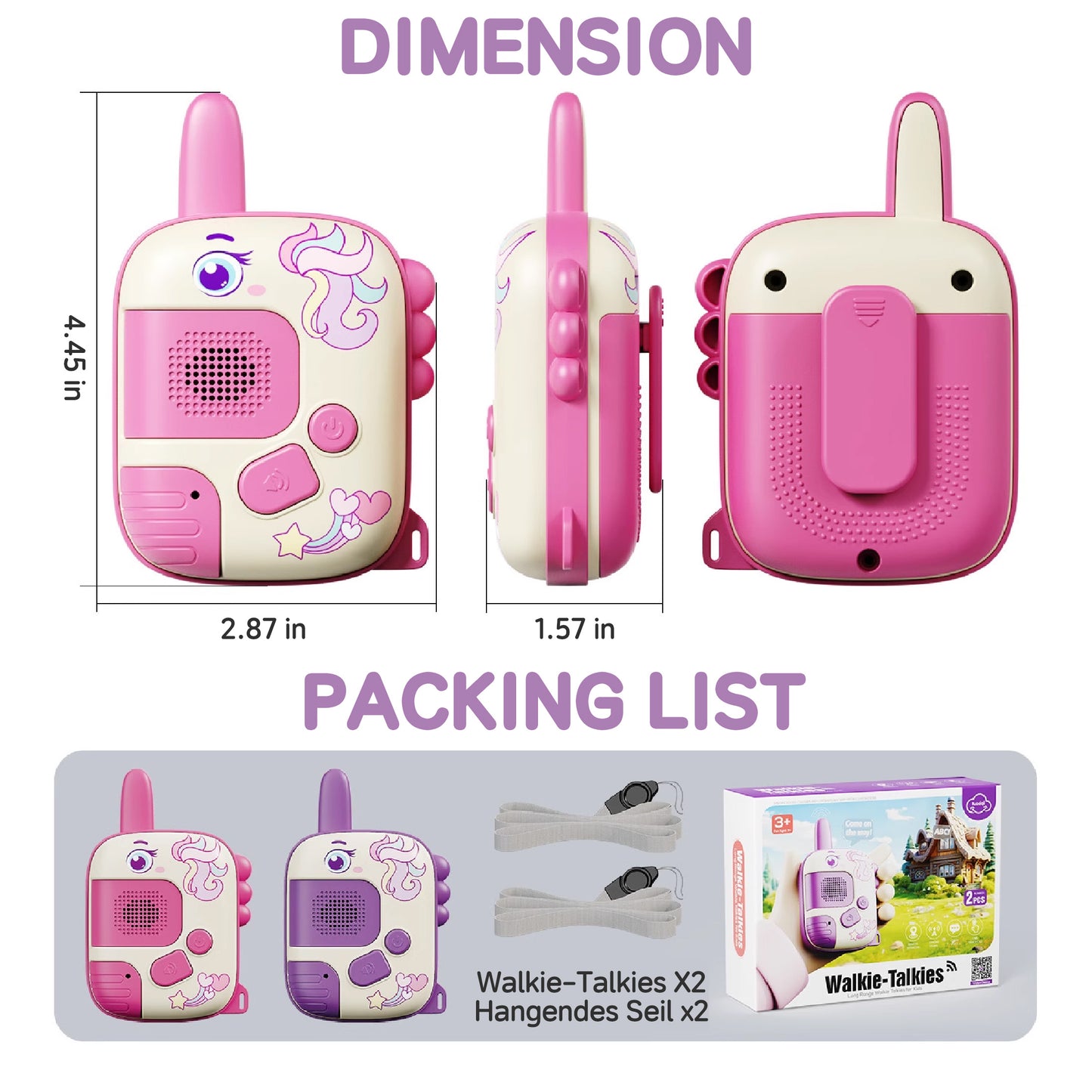 KOPPOP 2-Pack Walkie Talkies for Kids , Toy Phones for Toddlers Ages 3-6, for Long Range Outdoor Camping Hiking and Backyard Play(Pink & Purple)