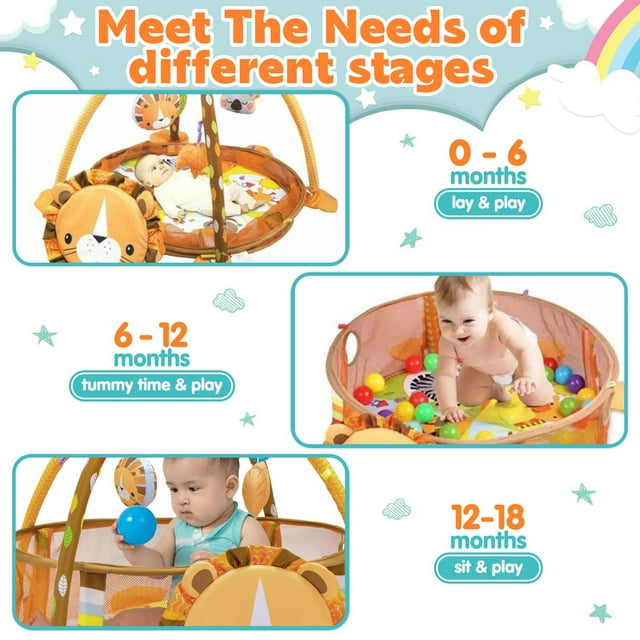 YoYFUN 3-in-1 Baby Activity Gym, Infant Playmat Ball Pit with 4 Toys, Detachable Arch, Protective Mesh, Ocean Ball, Lion Storage Bag, Baby Floor Mat for Newborn Toddlers