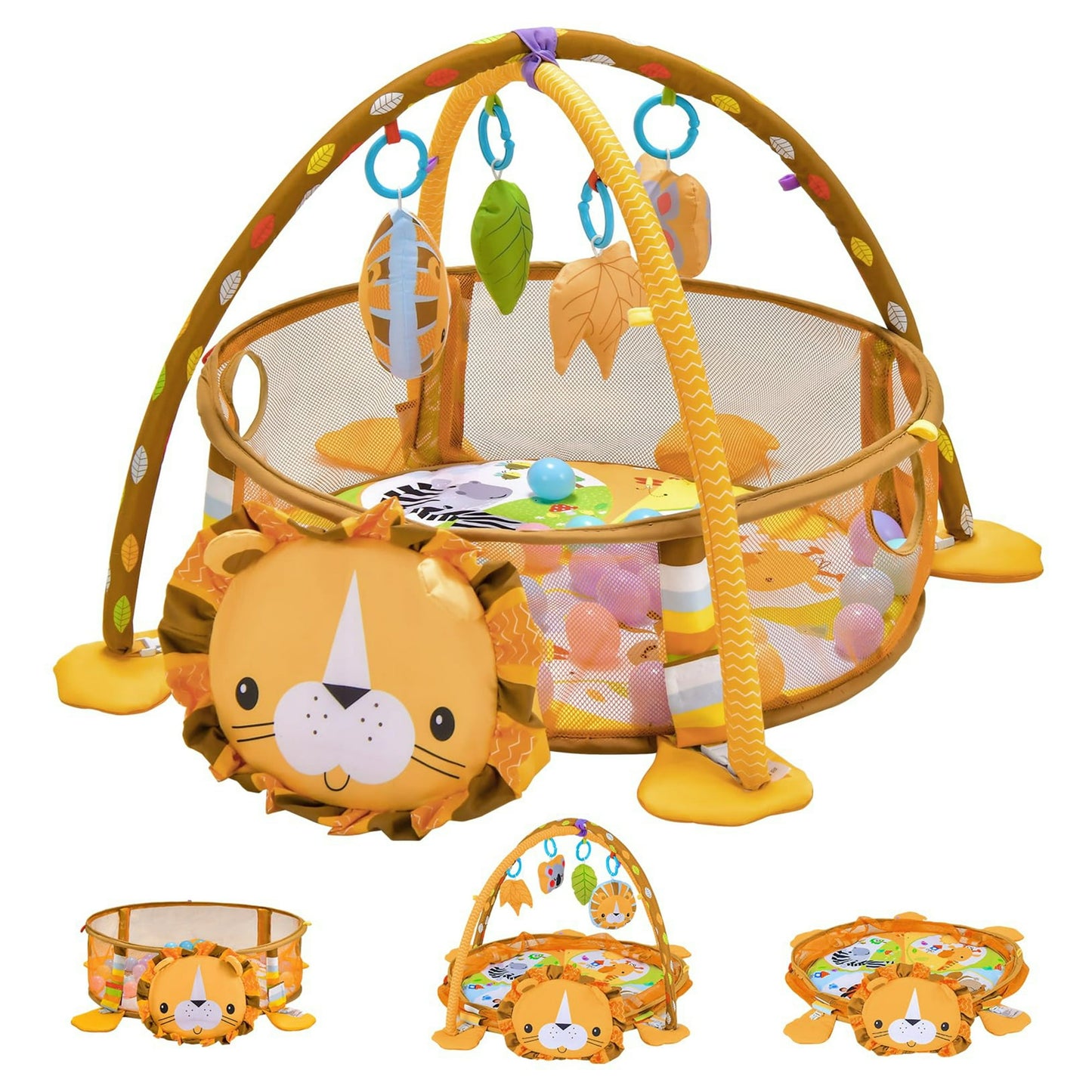 YoYFUN 3-in-1 Baby Activity Gym, Infant Playmat Ball Pit with 4 Toys, Detachable Arch, Protective Mesh, Ocean Ball, Lion Storage Bag, Baby Floor Mat for Newborn Toddlers